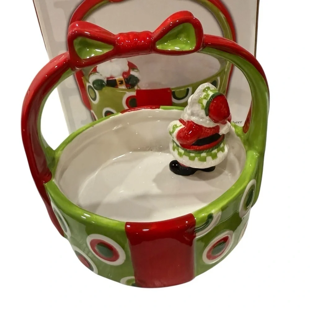 Fitz And Floyd Holiday Cheer Basket Santa Ceramic Dish With Box Merry Christmas